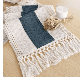 Boho Blue Table Runner 72 Inches Long with Tassels Macrame Farmhouse Style Party Rustic Wedding Baby Bridal Shower Dining Decor (12x72 Inches)