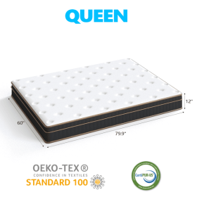 12 Inch Full Mattress, Innerspring Mattress with Black Gold Trim & White Cover - Medium Firm Support, Cooling Breathable Design for Bedroom