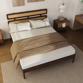 Double Rattan Woven Headboard, Bohemian Style, Painted Finish, Pine Wood, Dark Walnut Color, Queen Size Wooden Bed (Option: defaulttitle)