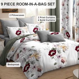 Quilted Bedspread & Curtain Set 9 Piece, Queen Size - Bedding Ensemble with Sheer Filtering Drapes, 1.6" Grommet Top, Machine Washable (Color: Green/White Flowers, size: QUEEN)