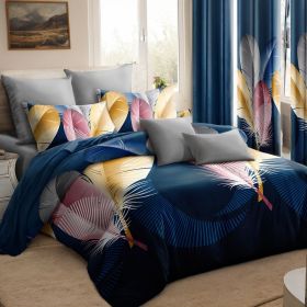 Quilted Bedspread & Curtain Set 9 Piece, Queen Size - Bedding Ensemble with Sheer Filtering Drapes, 1.6" Grommet Top, Machine Washable (Color: Blue Feather, size: KING)